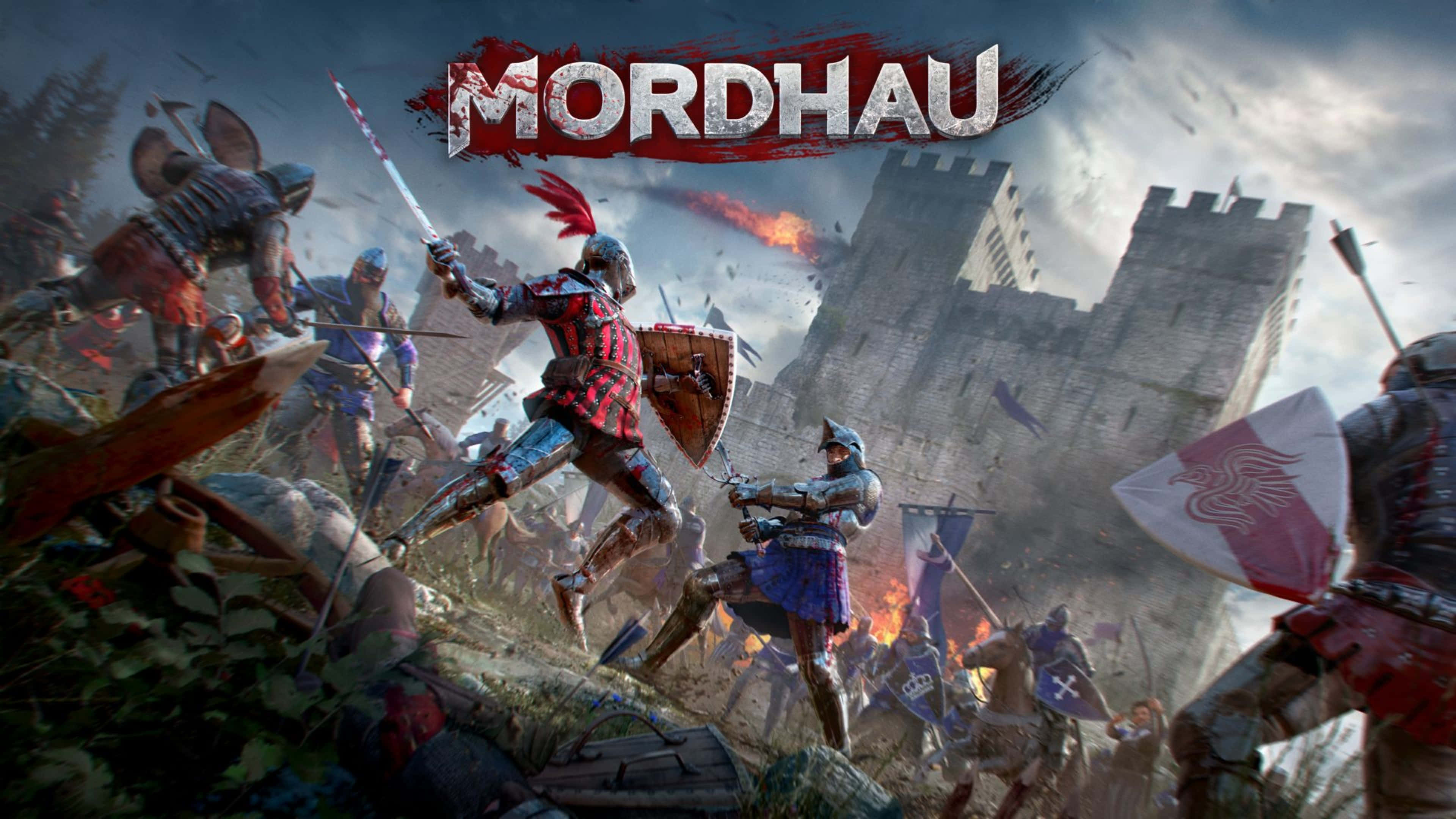 《Mordhau》4K 激烈戰鬥場景 壁紙 — 中世紀騎士在風暴天空下，於燃燒的城堡附近展開混亂的戰鬥。
