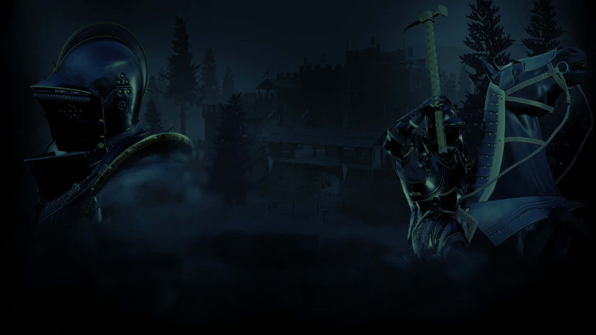 《Mordhau》中霧藍色調的中世紀戰場1920x1080背景圖 壁紙 — 兩個戴著黑色頭盔的裝甲騎士站在霧氣瀰漫的森林中，身後是城堡廢墟，背景是夜空。