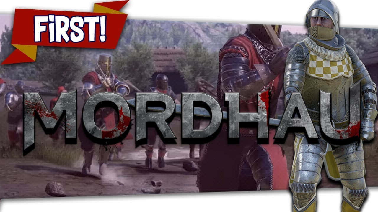 中世紀騎士戰鬥中，遊戲標題 MORDHAU 疊加。