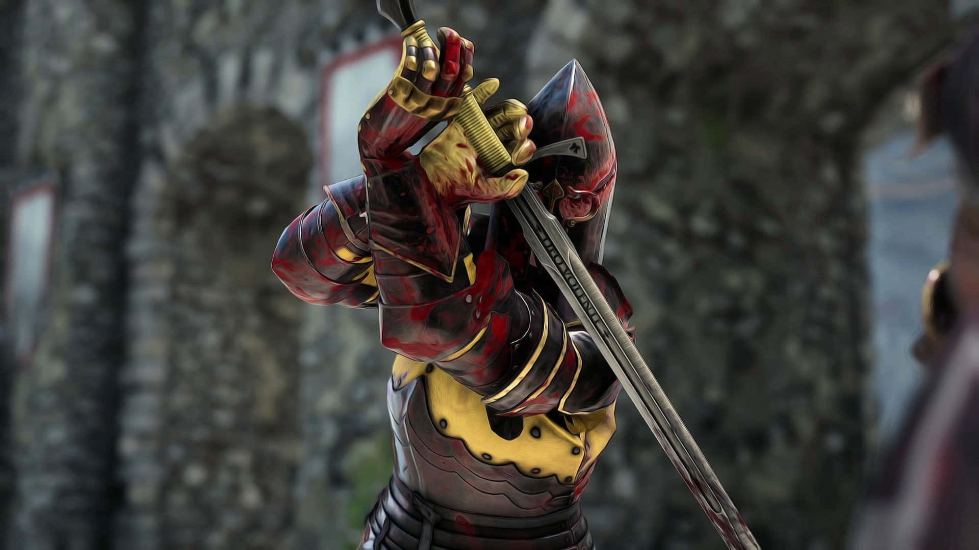 《Mordhau》的壯觀戰場 壁紙 — 一名身穿染血紅金鎧甲的騎士在石牆中世紀場景中雙手握劍。