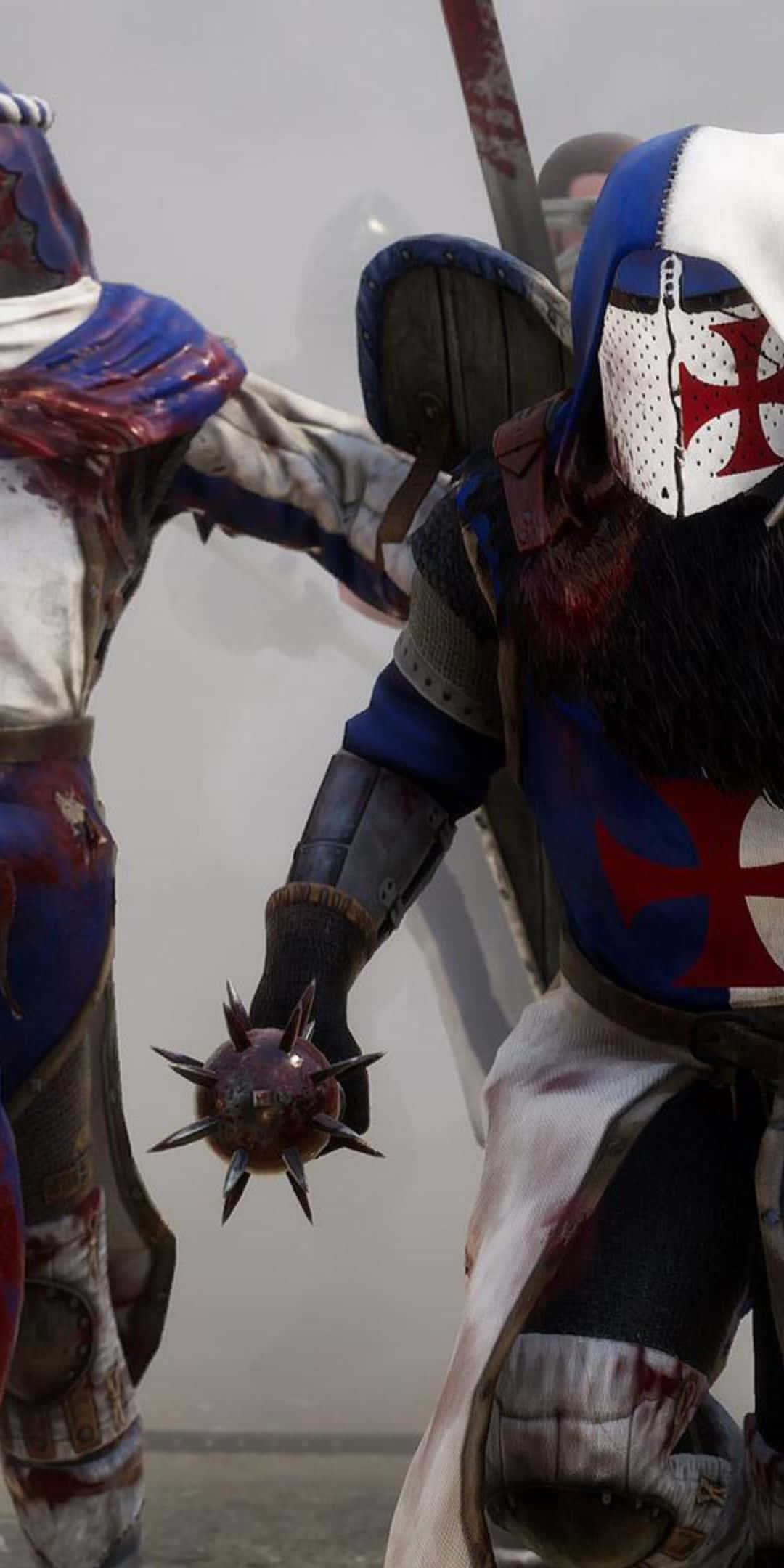 《Mordhau》遊戲在 Pixel 3 上的精彩畫面 壁紙 — 兩名身穿藍白盔甲、帶有紅色十字的裝甲戰士在 gritty 的中世紀戰鬥場景中交鋒。