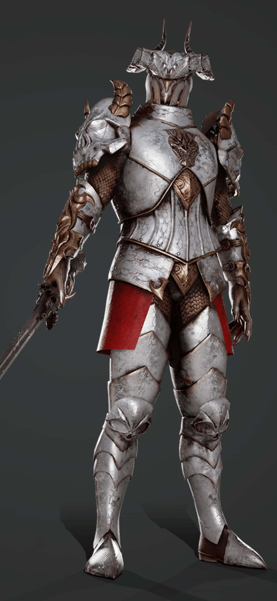 Mordhau 電玩 iPhone XS 背景人物肖像 壁紙 — 一位身穿全副銀色和青銅盔甲、戴著山羊頭盔的騎士，在深灰色背景下站立持劍。