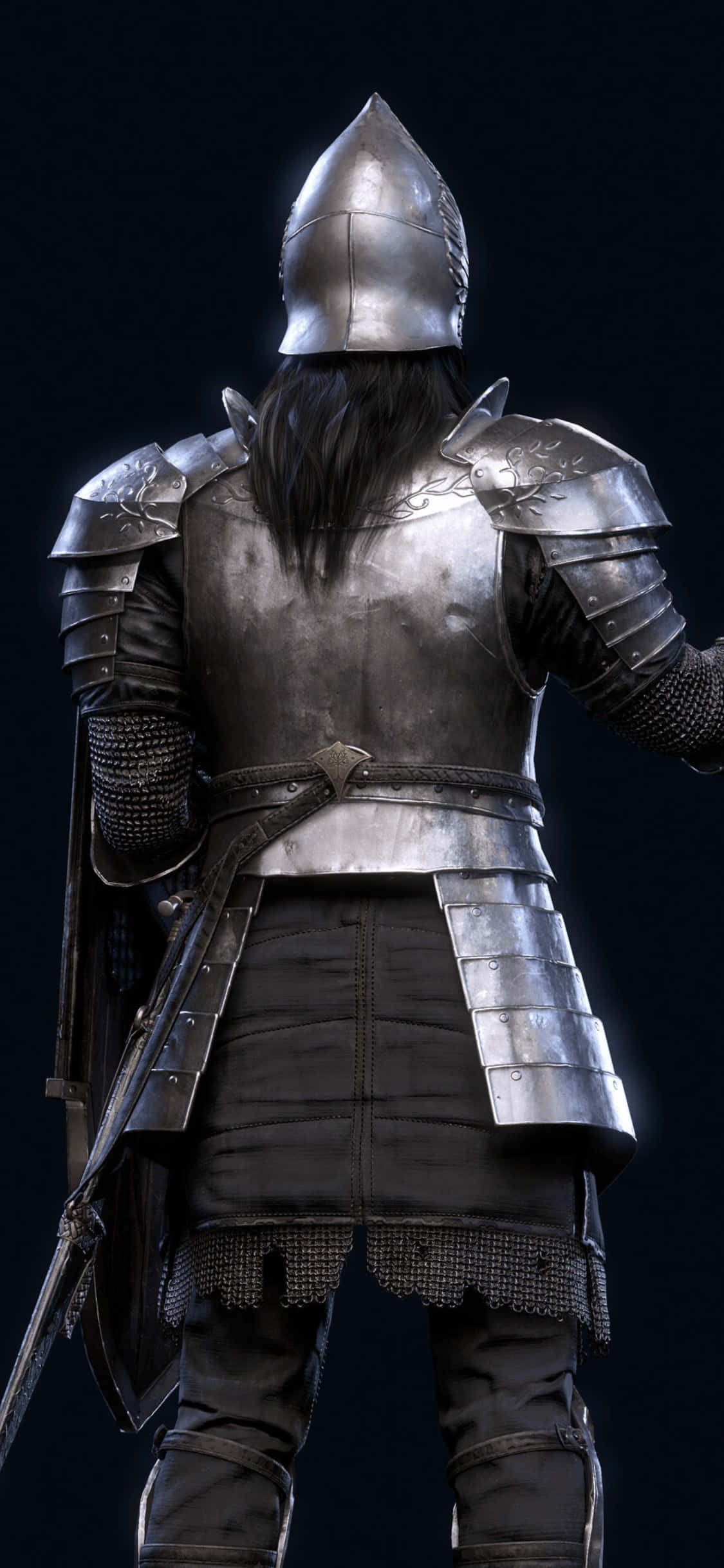 Mordhau 電玩 iPhone XS 背景背影圖 壁紙 — 一位身穿精細銀色盔甲的騎士背對觀眾，站在黑暗背景前。