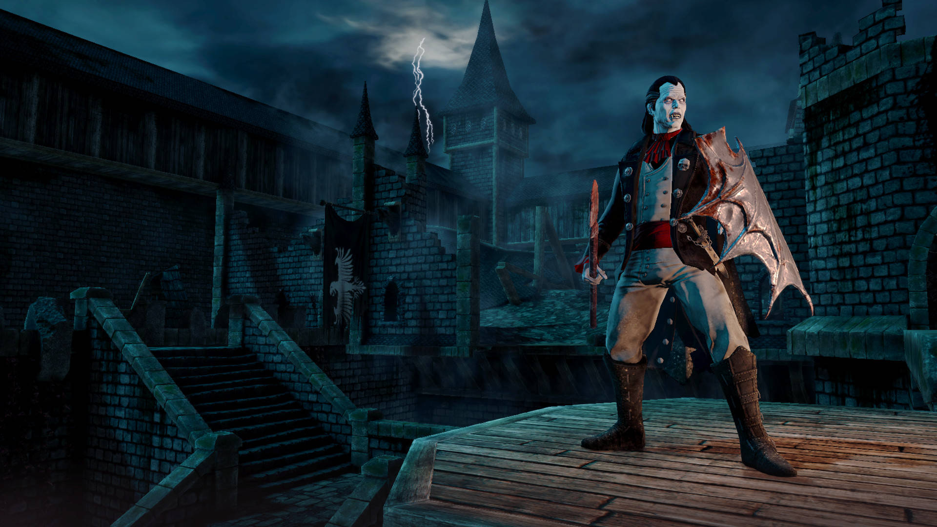 Mordheim 城市之罪 吸血鬼 壁紙 — 一個蒼白的吸血鬼戰士帶著蝙蝠翅膀，站在風暴中的哥德式城堡前的木製平台上，閃電在頭頂劈下。