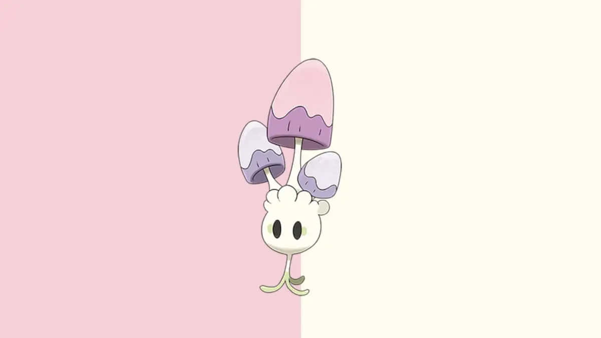 Morelull 淡粉藝術 高畫質 壁紙 — 一個可愛的卡通蘑菇生物從粉紅色和奶油色的分割背景後探出頭來，帶有柔和的粉彩顏色。