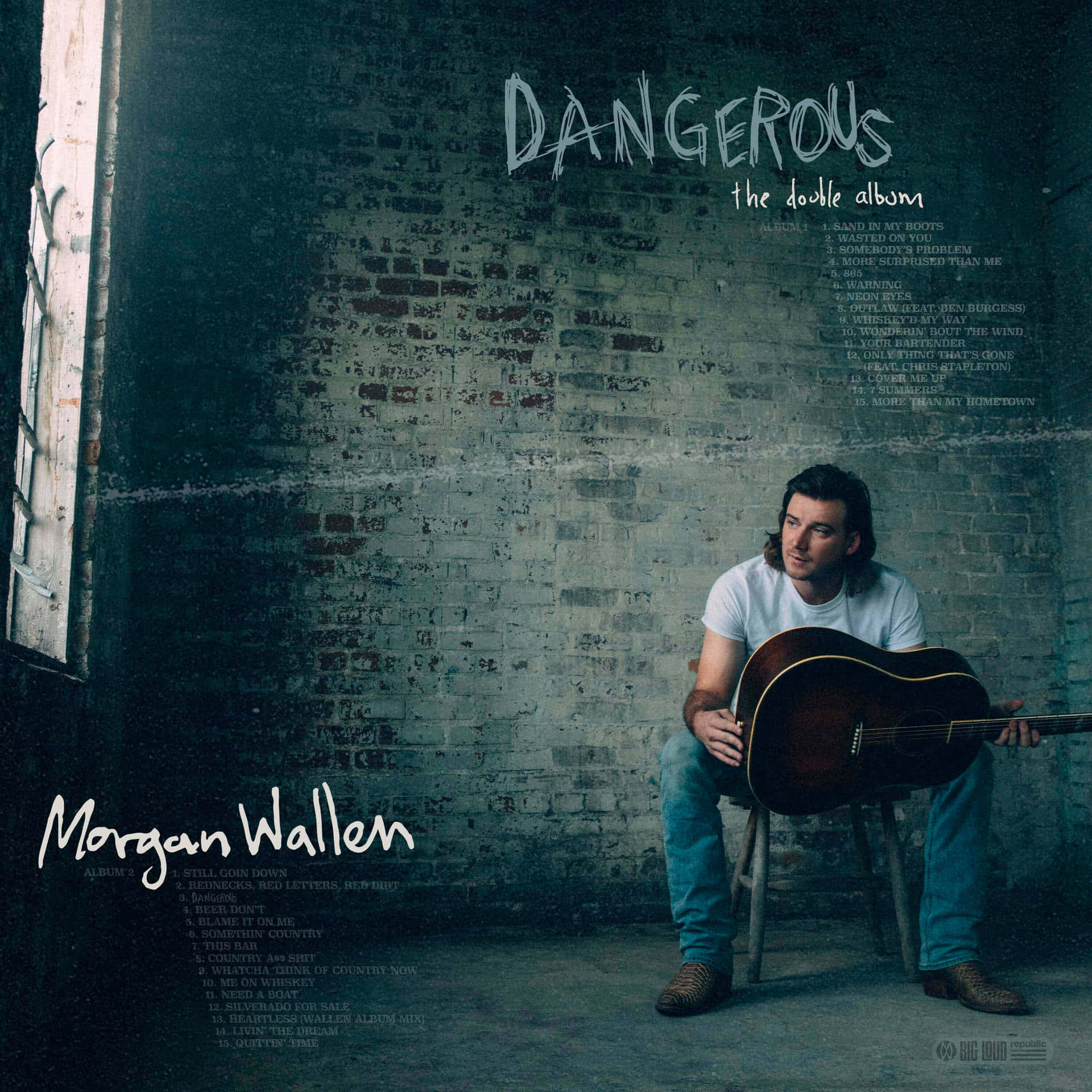  壁紙 — Morgan Wallen 坐著，手持木結他，靠著一面風化的磚牆，在昏暗的房間裡，並有專輯曲目列表文字疊加。