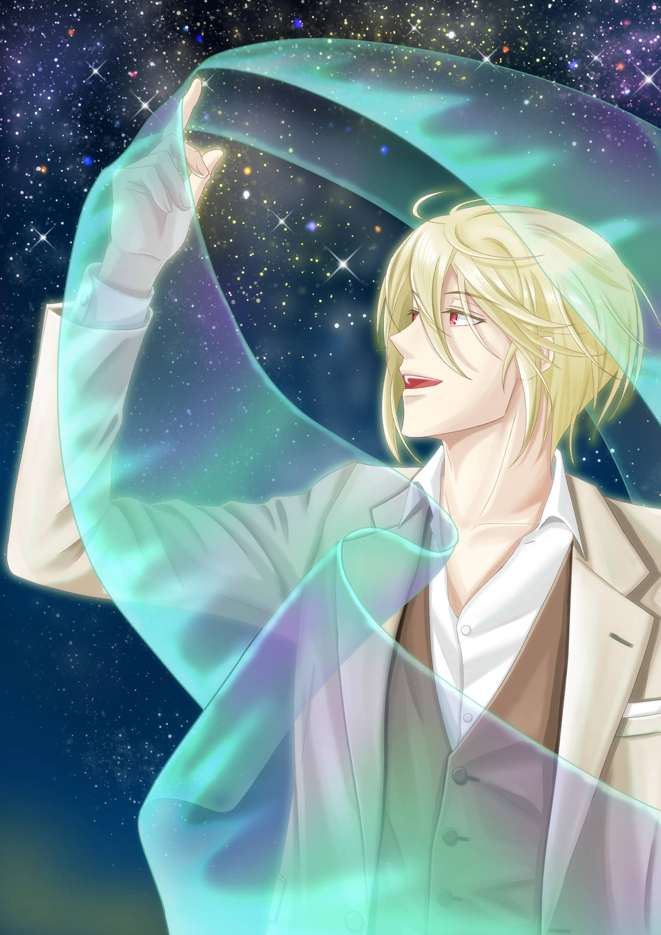 動漫男子穿西裝在星空下握著發光宇宙絲帶