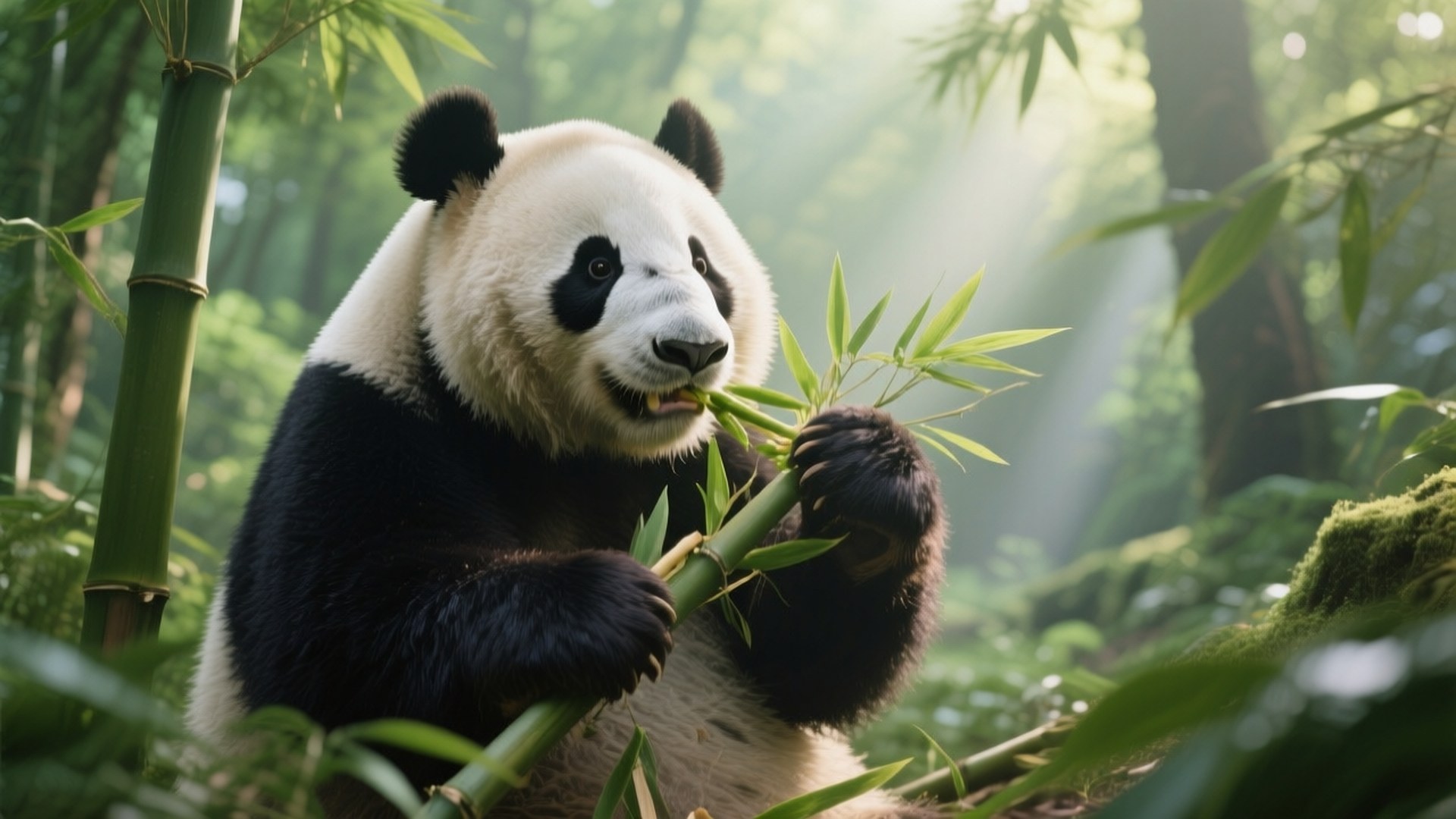 大熊貓在鬱鬱蔥蔥的綠色森林中吃竹子，陽光穿過樹木。