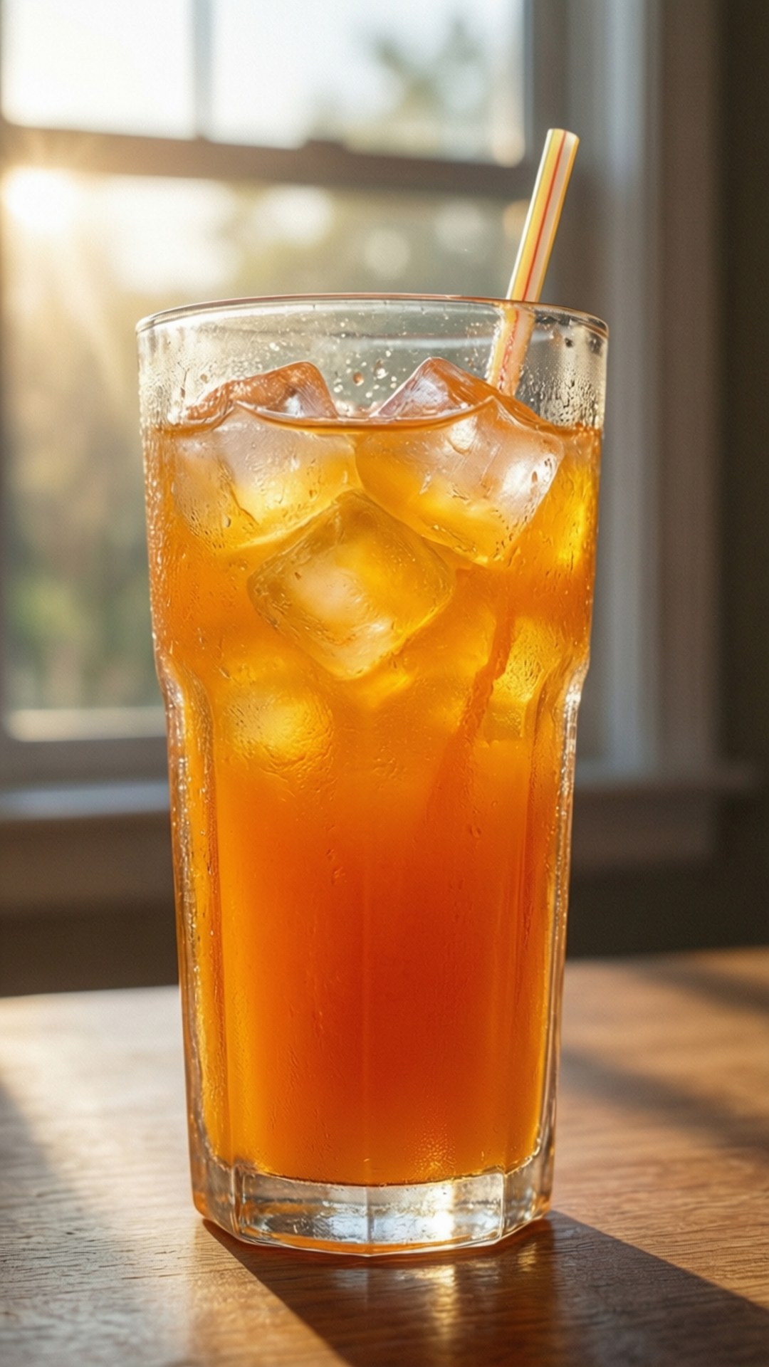 高身冰茶杯，冰塊和飲管在木桌上陽光下