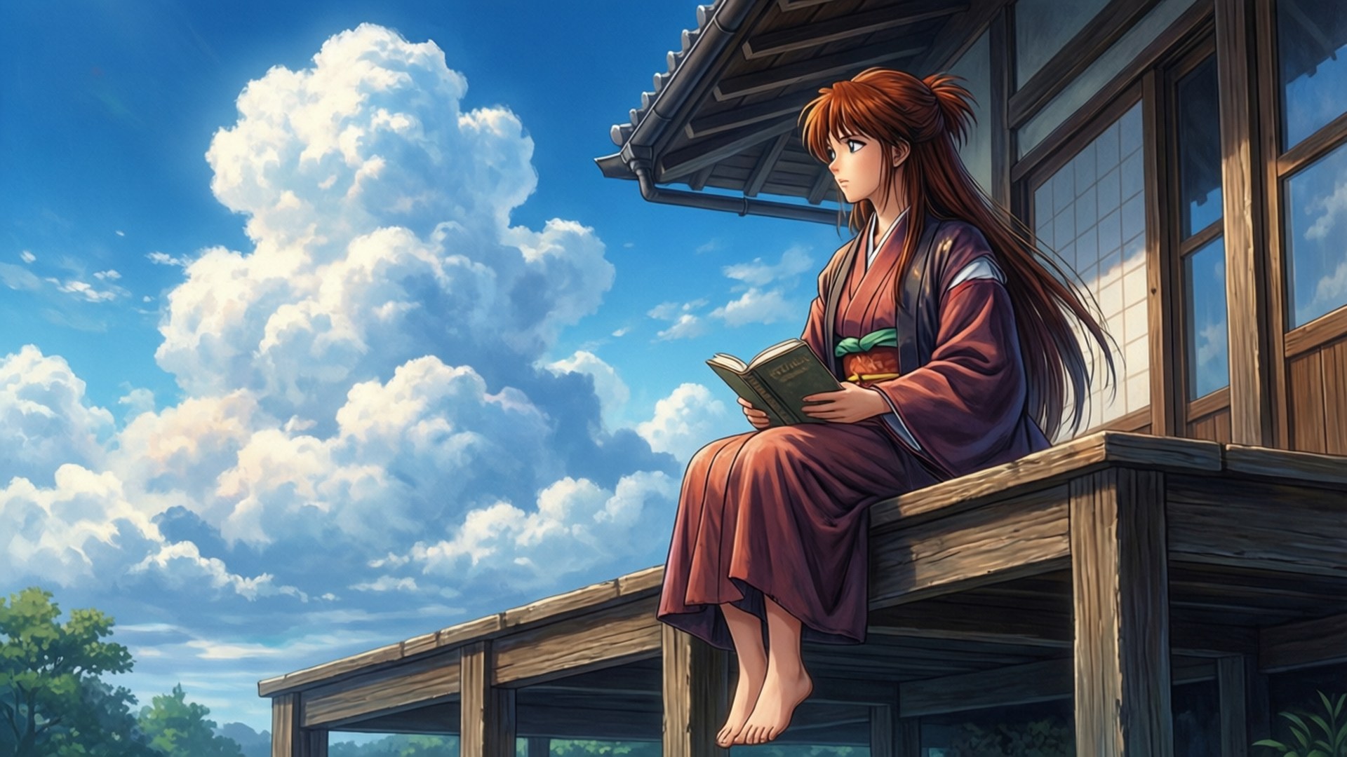 動漫女孩穿紅色和服在木陽台看書，藍天白雲下