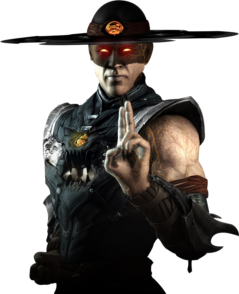 Mortal Kombat 眼睛發光角色 壁紙 — 一個帶有發光紅眼和寬邊帽的威脅性武術家，在黑色背景前做出手勢。