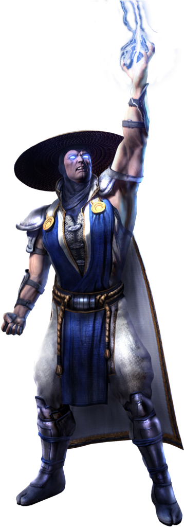 Mortal Kombat 雷神角色 壁紙 — 一個深色皮膚的戰士，身穿藍色和銀色盔甲，在黑色背景前將發光的藍色能量球高舉過頭頂。