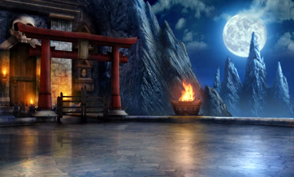 《 Mortal Kombat Armageddon 》神殿舞台 壁紙 — 一座紅色鳥居矗立在石造神社前，滿月下，鋸齒狀的山脈和一個燃燒的火盆將溫暖的光線投射在濕石上。