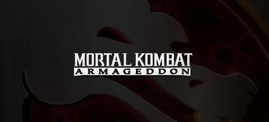  壁紙 — Mortal Kombat Armageddon 標誌在深紅和黑色風格化背景上發出純白光芒。