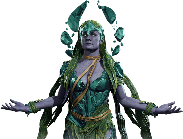Mortal Kombat 角色 Cetrion 壁紙 — 一個數碼藝術奇幻女性，擁有發光的綠色眼睛和水晶般的綠色盔甲，在黑色背景下張開雙臂站立。