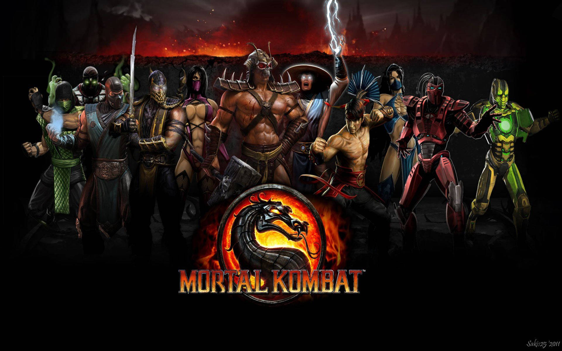 Mortal Kombat 宇宙的冠軍們 壁紙 — 一群真人快打戰士站在一個熾熱、黑暗的競技場中，標誌性的龍標誌在他們腳下發光。