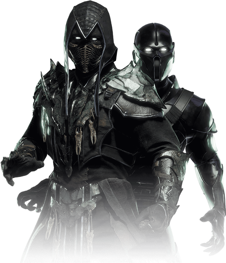 Mortal Kombat 忍者雙人組 壁紙 — 兩名身穿暗色盔甲、戴著面具的威脅性戰士，在黑色背景前站著，眼睛發光。