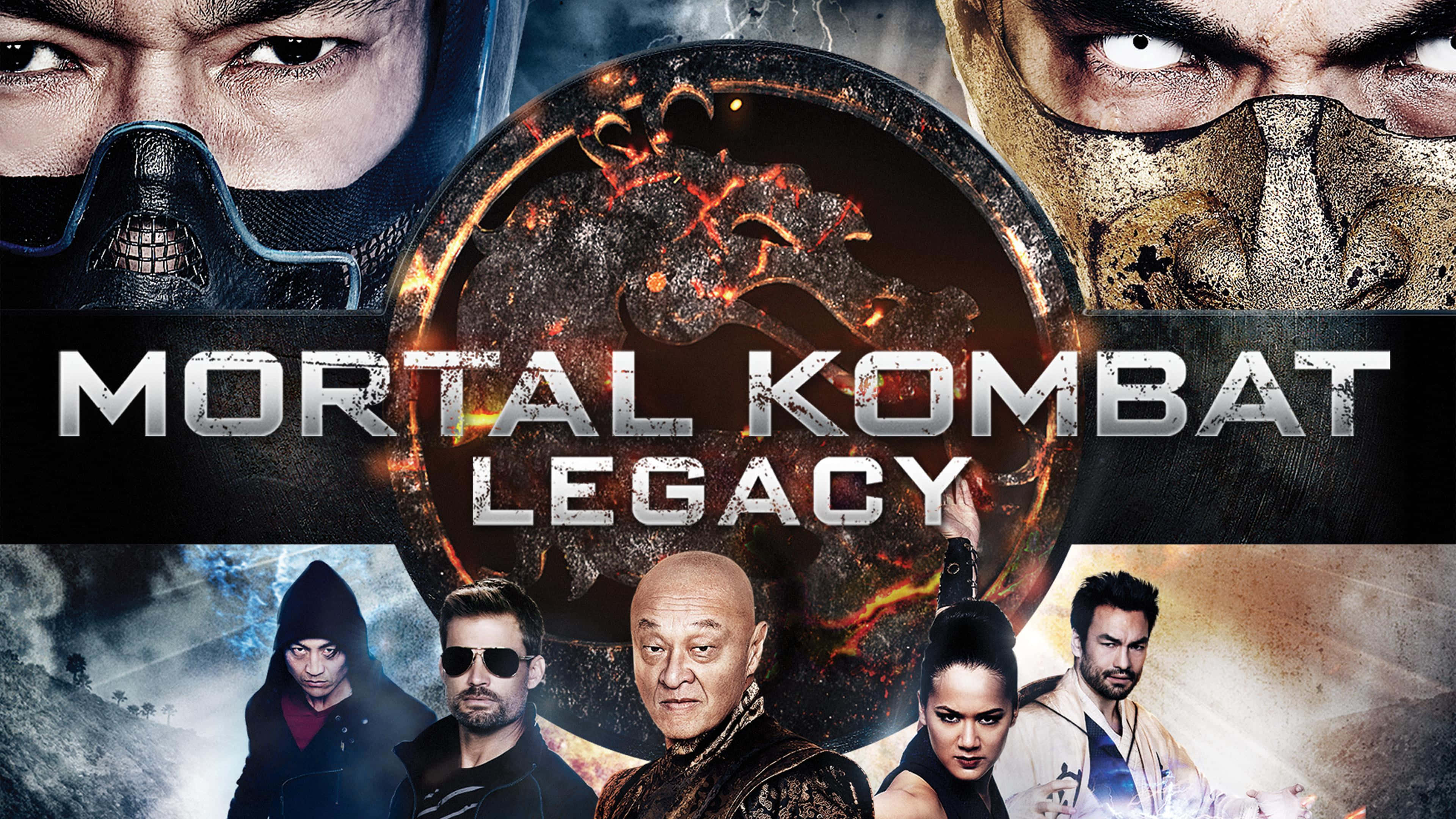 Mortal Kombat Legacy 桌布 壁紙 — Mortal Kombat Legacy 海報，展示激烈的戰士和火焰龍徽章，背景陰暗風暴。