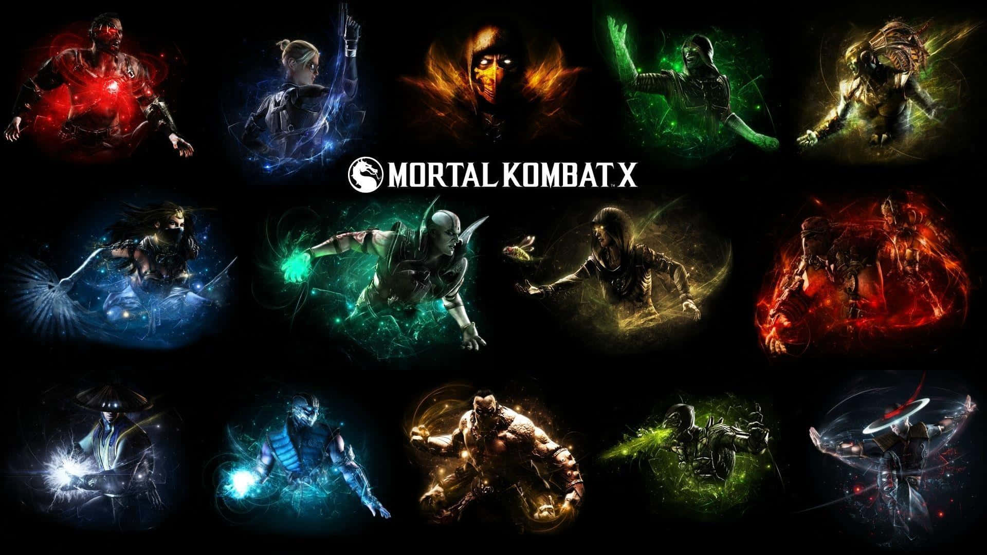Mortal Kombat Triborg 桌布 壁紙 — Mortal Kombat X 角色在黑色背景前以元素力量發光，擺出動態戰鬥姿勢。