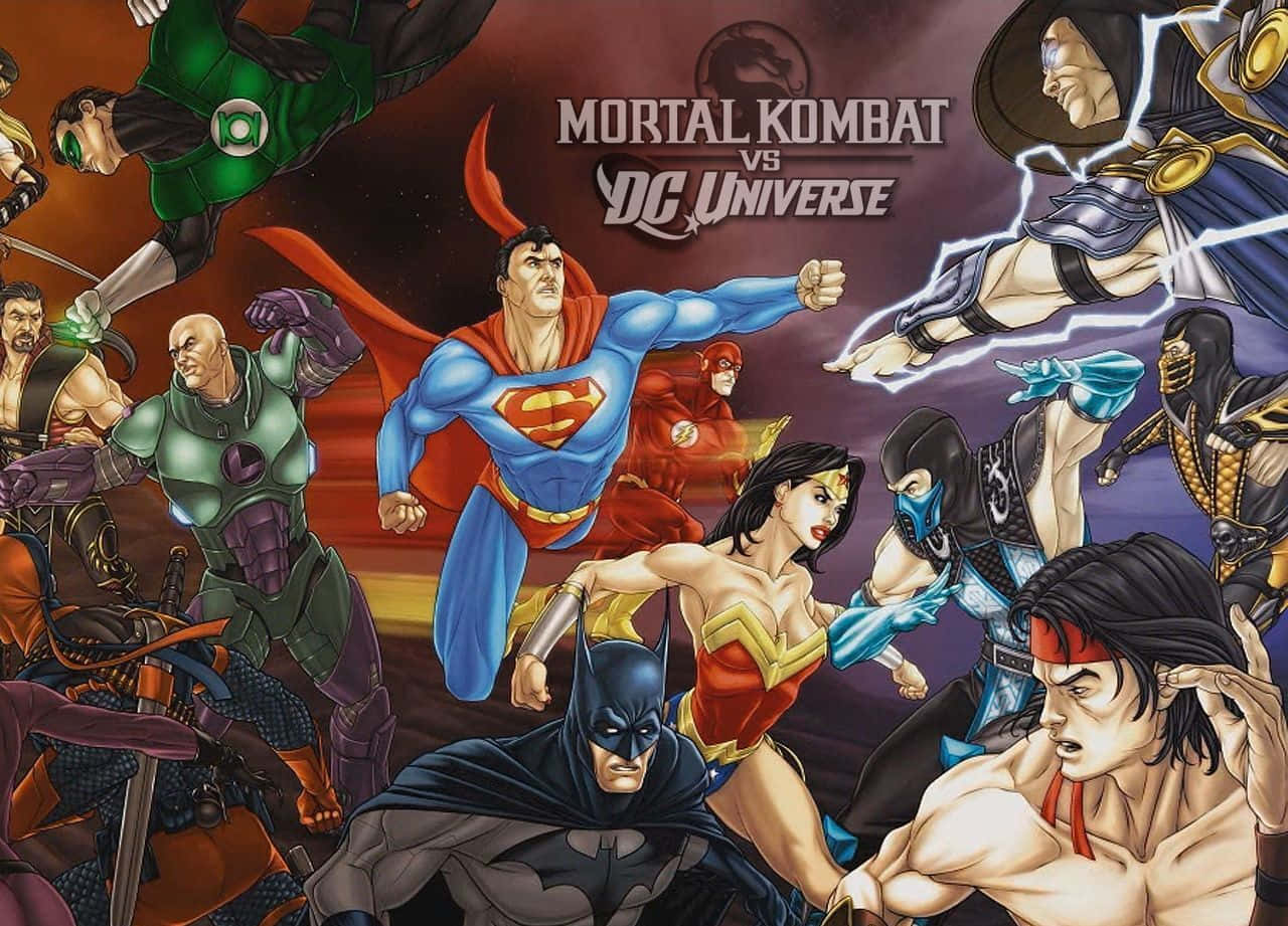 Mortal Kombat Vs Dc Universe 桌布 壁紙 — Mortal Kombat 與 DC 宇宙的英雄與反派在史詩戰鬥中激烈交鋒的動態漫畫插圖。