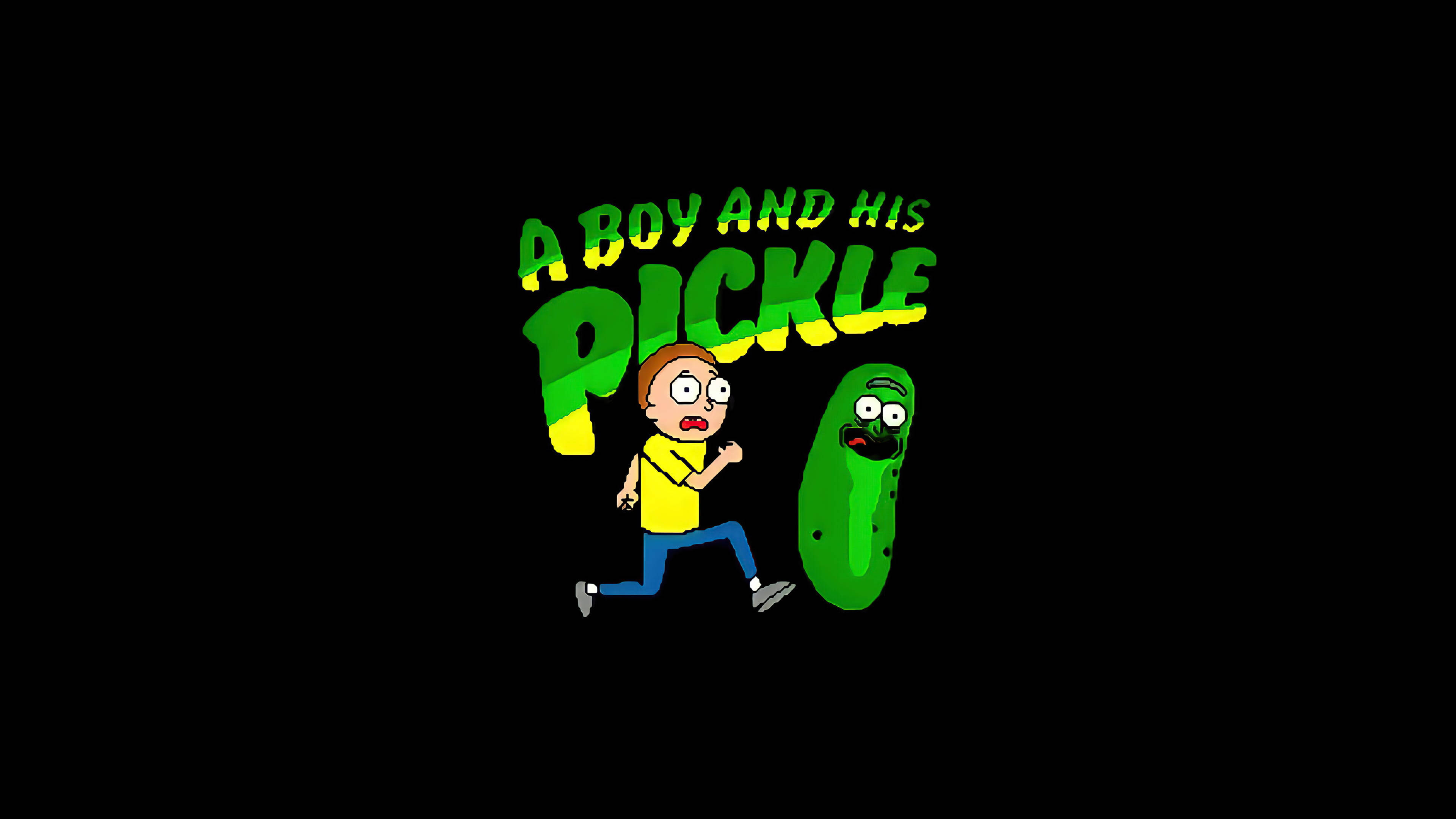 Morty與Pickle Rick 壁紙 — 一個穿著黃色襯衫的卡通男孩在黑色背景上，與一個有眼睛和嘴巴的綠色醃黃瓜一起奔跑，標題為「A BOY AND HIS PICKLE」。