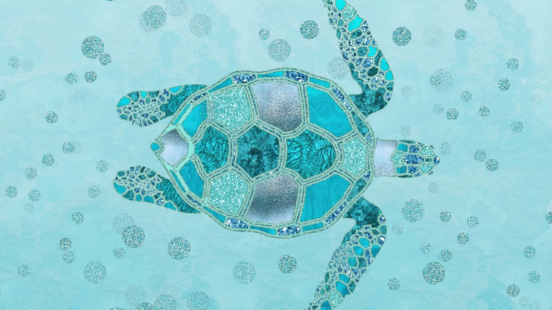  壁紙 — 一隻馬賽克海龜在點綴著閃爍氣泡的碧綠海水中滑行。