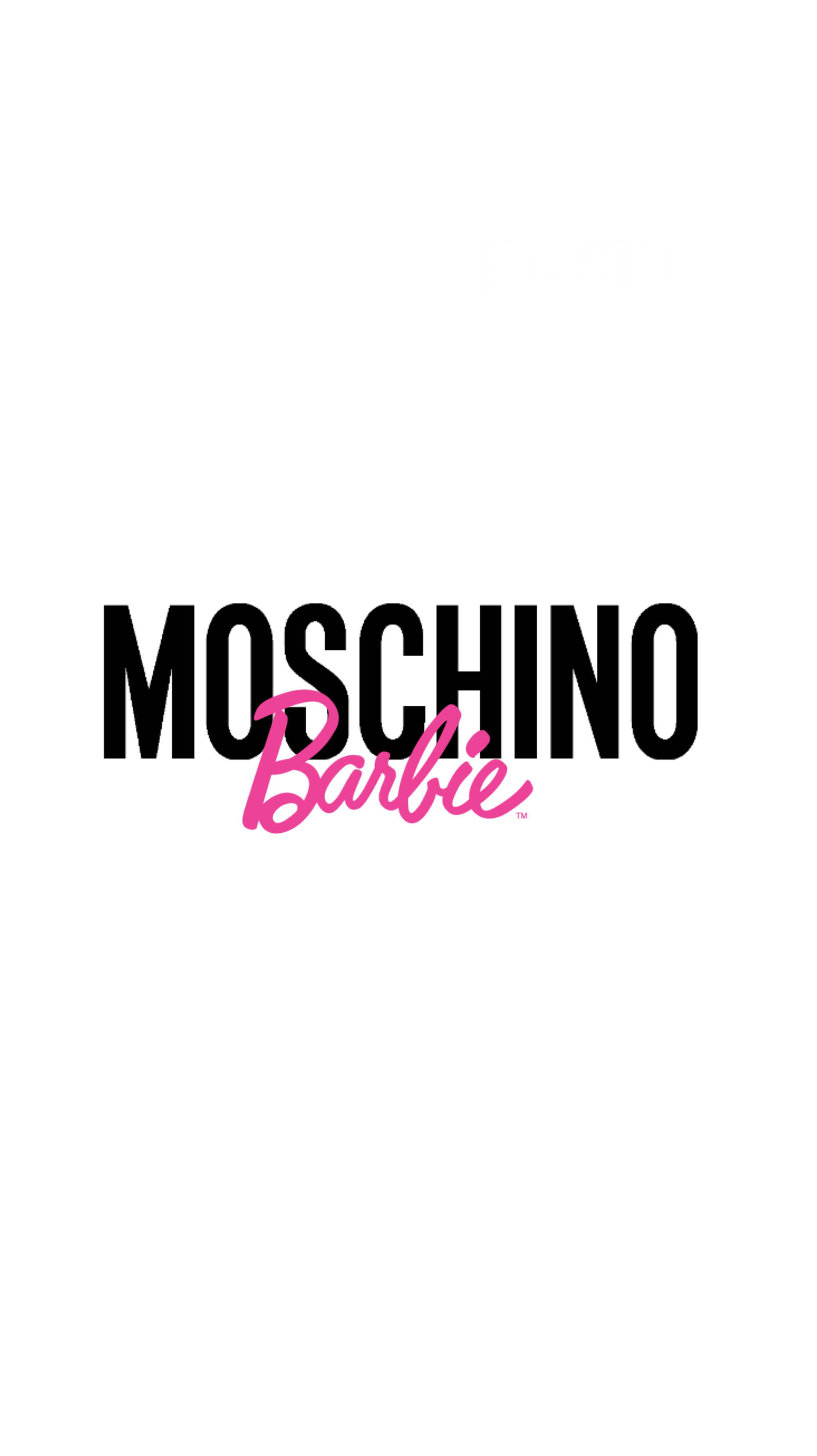 Moschino 巴比娃娃 壁紙 — 粗體黑色MOSCHINO文字配粉紅色草書Barbie標誌，置於純白背景中央。