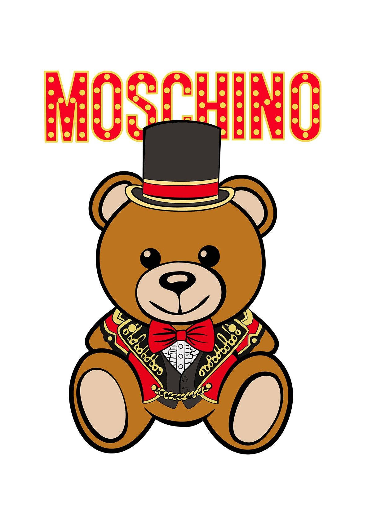 Moschino 泰迪熊穿夾克 壁紙 — 一隻戴著高帽和紅色蝴蝶結的卡通泰迪熊坐在發光的「MOSCHINO」標誌下。