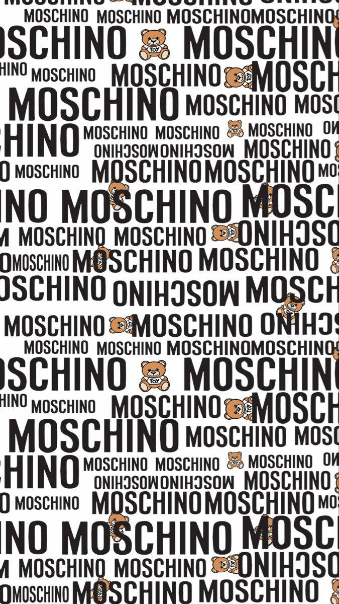 Moschino標誌與泰迪熊圖案 壁紙 — 大膽的黑白牆紙，重複的 'MOSCHINO' 文字和泰迪熊標誌，字體大小各異。