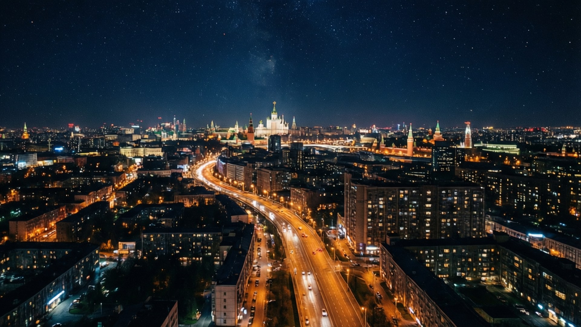 星空下，閃爍的街道和燈火通明的建築物的城市空中夜景。