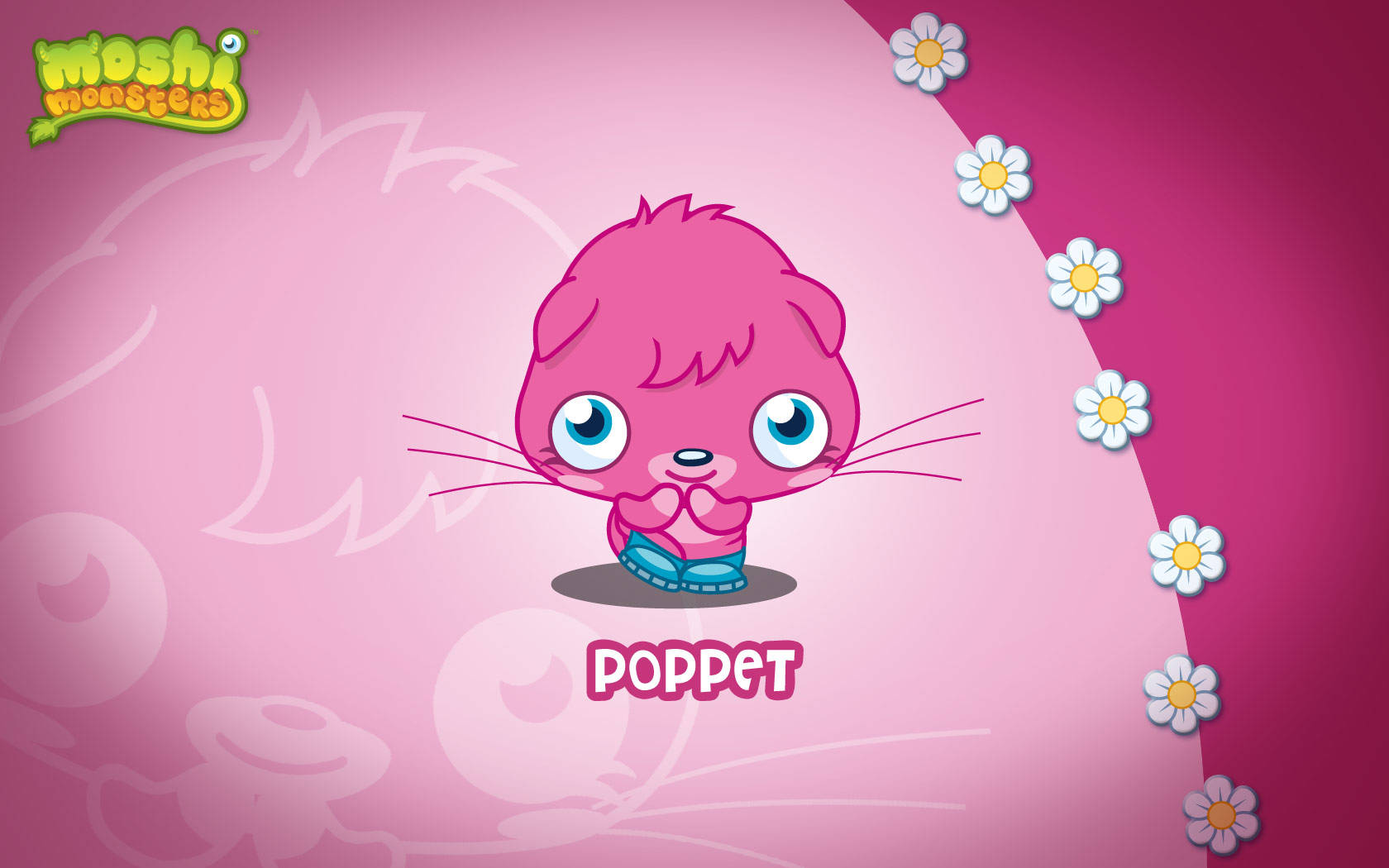 Moshi Monsters Poppet 在花園中嬉遊 壁紙 — 一個可愛的粉紅色卡通貓角色，有大藍色眼睛和藍色鞋子，坐在粉紅色背景上，右邊有白色雛菊。
