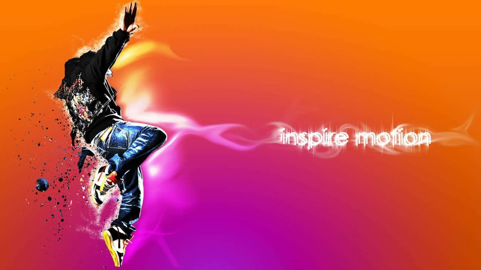 一個風格化的舞者半空中，帶有發光軌跡和文字 inspire motion。