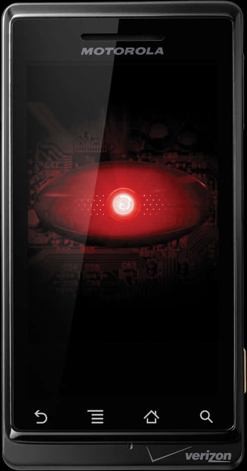 Motorola安卓手機紅眼壁紙 壁紙 — 一部黑色 Motorola 手機在屏幕上顯示一個發光的紅色眼睛在電路上。