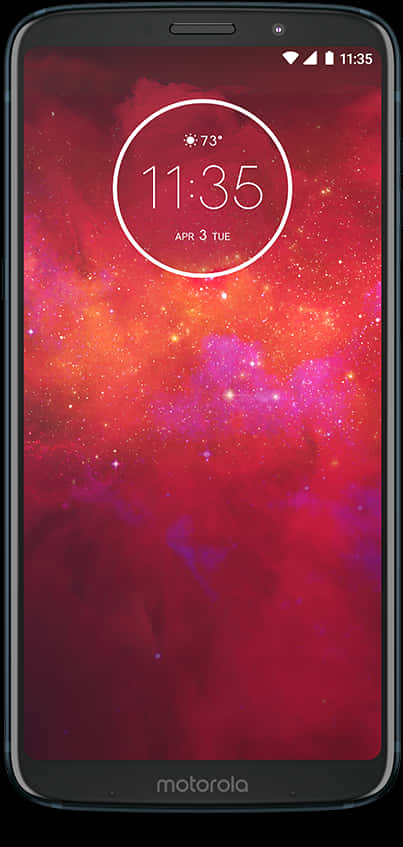 Motorola智慧手機宇宙主題顯示 壁紙 — 智能手機顯示充滿活力的紅色和紫色宇宙牆紙，帶有白色圓形時鐘疊加層顯示11:35。
