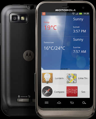Motorola安卓智慧手機天氣小工具 壁紙 — 黑色Motorola智能手機顯示天氣應用程式，有晴朗預報和時間下午3:57。