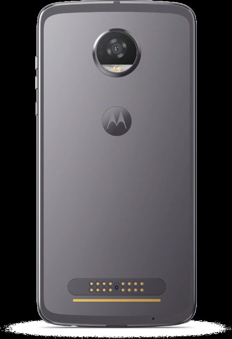 Motorola智慧手機背面視角 壁紙 — 一部時尚的灰色 Motorola 智能手機，帶有圓形相機模組和金色飾條，背景為黑色。