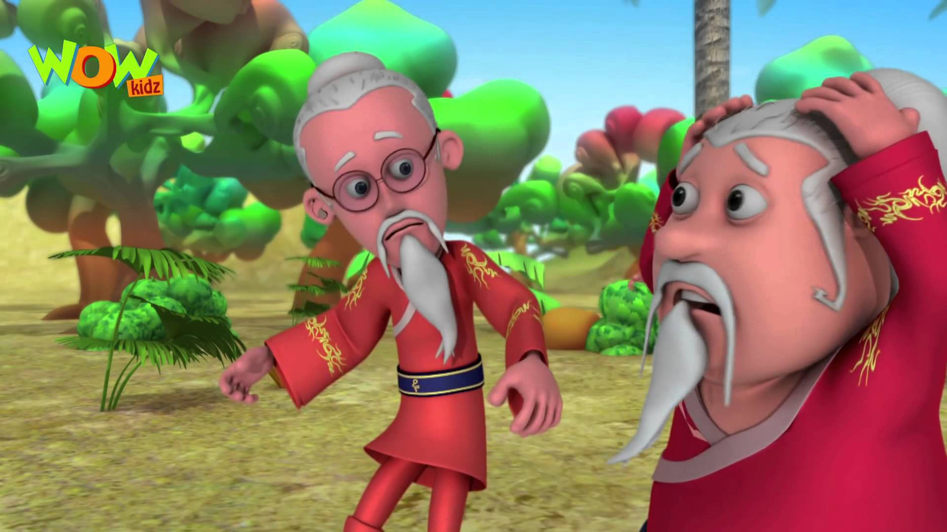 Motu Patlu 中式服裝 壁紙 — 兩個卡通老人穿著紅色長袍，留著白鬍子，在充滿活力的綠色叢林環境中驚訝地反應。