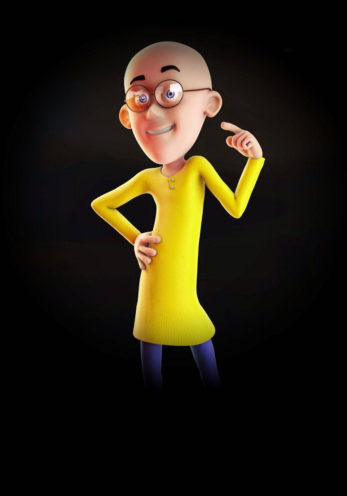 Motu Patlu 單人照 壁紙 — 一個快樂的光頭卡通男人，穿著黃色連衣裙和眼鏡，在深色背景下若有所思地指著。