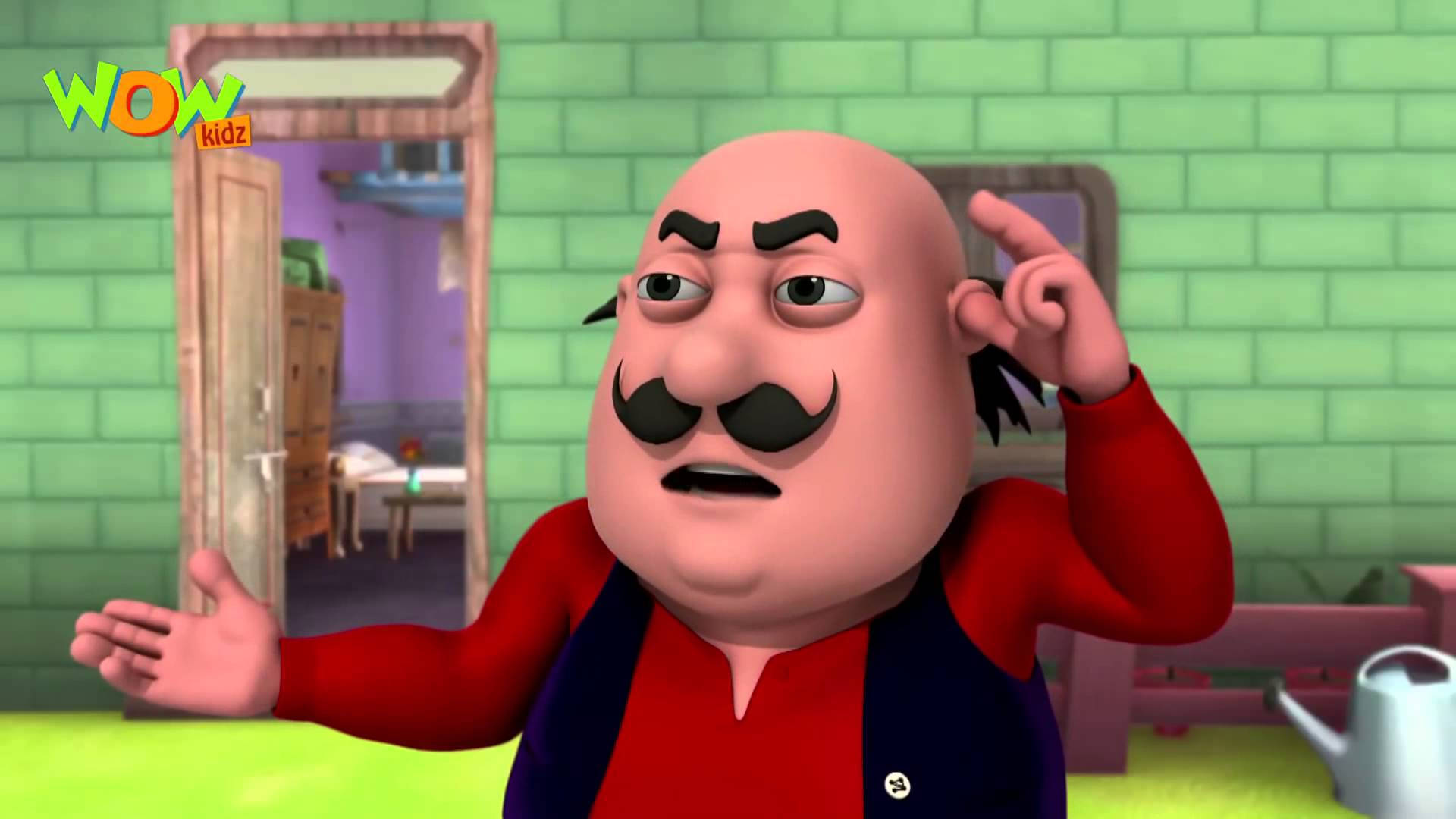 Motu Patlu 深思中 壁紙 — 一個光頭卡通男人，留著濃密的鬍子和黑色眉毛，站在綠色磚房裡做手勢。