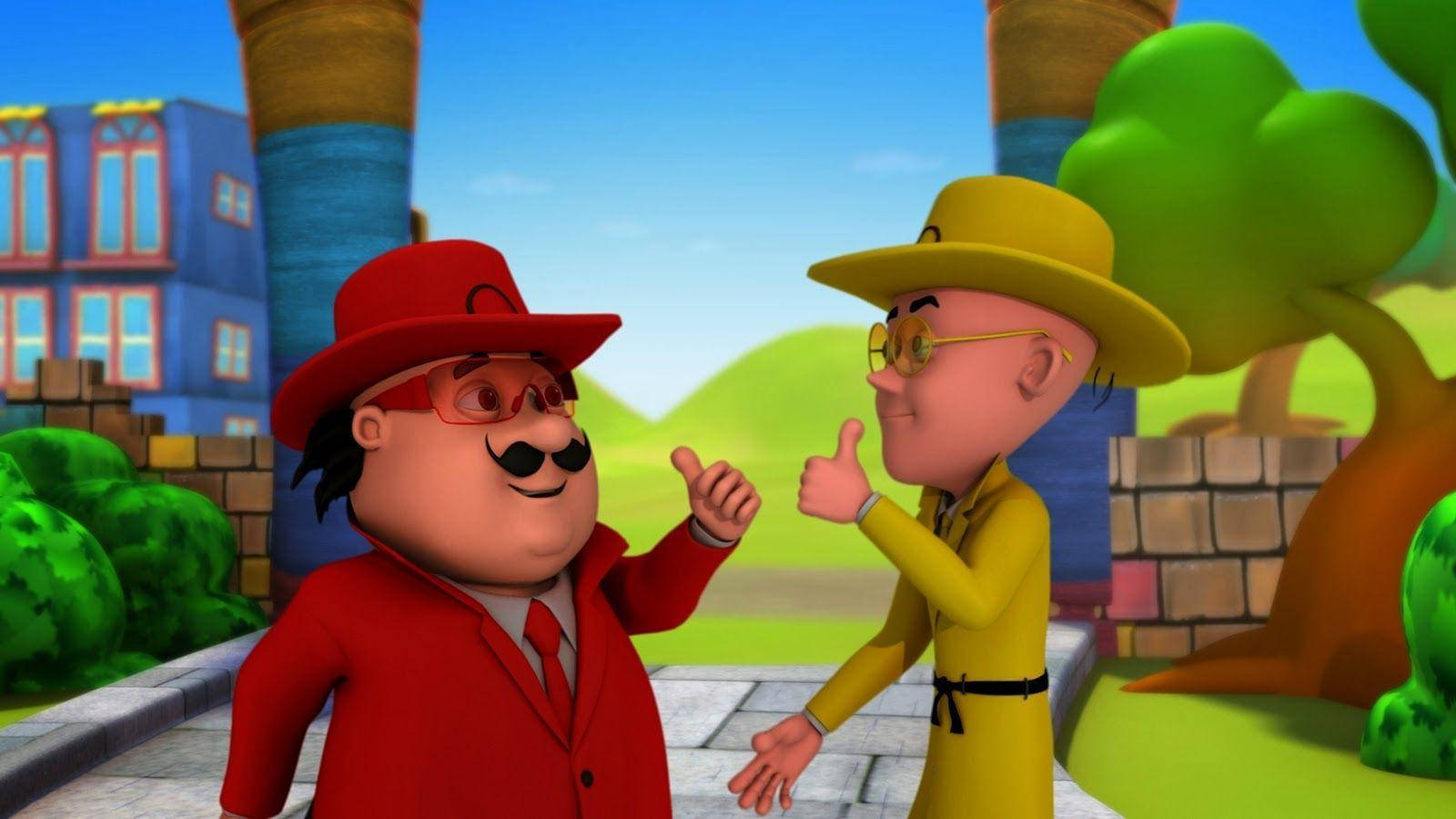 Motu Patlu 牛仔裝 壁紙 — 兩個穿著鮮紅色和黃色服裝的卡通人物在色彩繽紛的動畫小鎮場景中豎起大拇指。