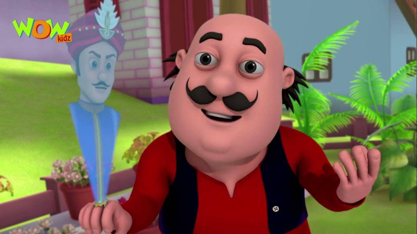 Motu Patlu 神燈奇遇 壁紙 — 一個快樂的光頭卡通男人留著鬍鬚，在色彩繽紛的動畫花園中揮舞著發光的劍。