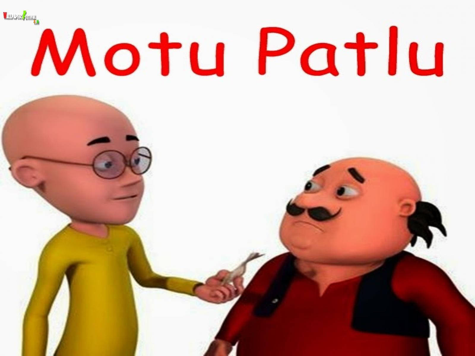 Motu Patlu 簡約風 壁紙 — Motu Patlu 卡通角色以3D渲染風格呈現，Motu 向 Patlu 遞上一個小物件，背景為純白色。