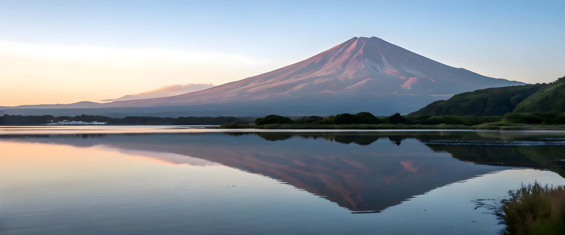 富士山在日出時倒映在平靜的湖泊中，背景是綠色山丘