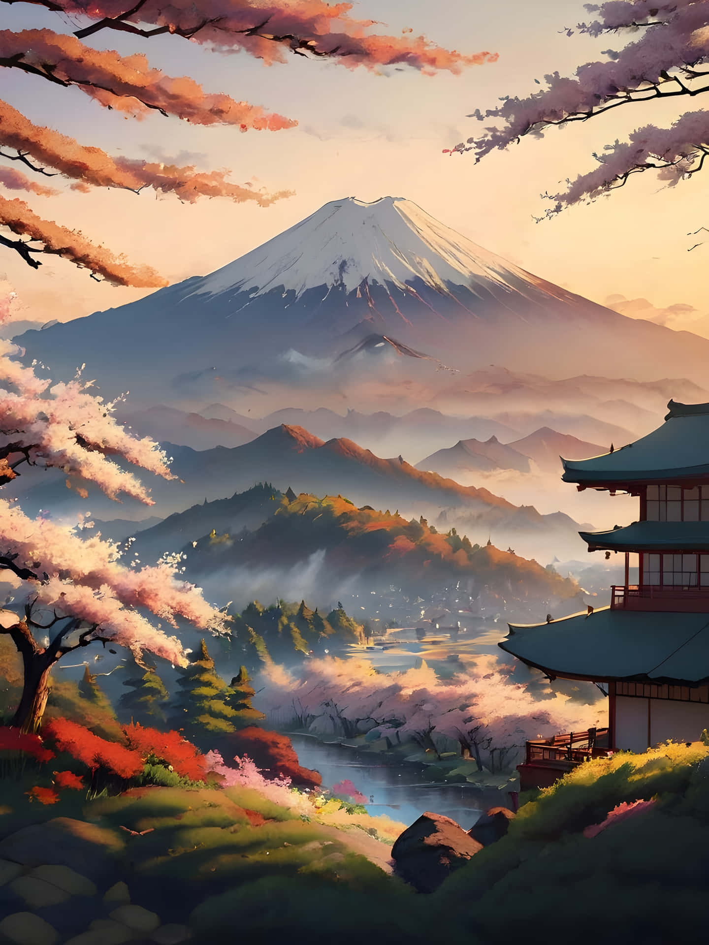 Mountain at Sunrise A Serene Japanese Landscape 壁紙 — 寧靜的日本風景，富士山在柔和的日出下積雪覆蓋，櫻花環繞著傳統的 pagoda，俯瞰霧氣繚繞的山谷和河流。