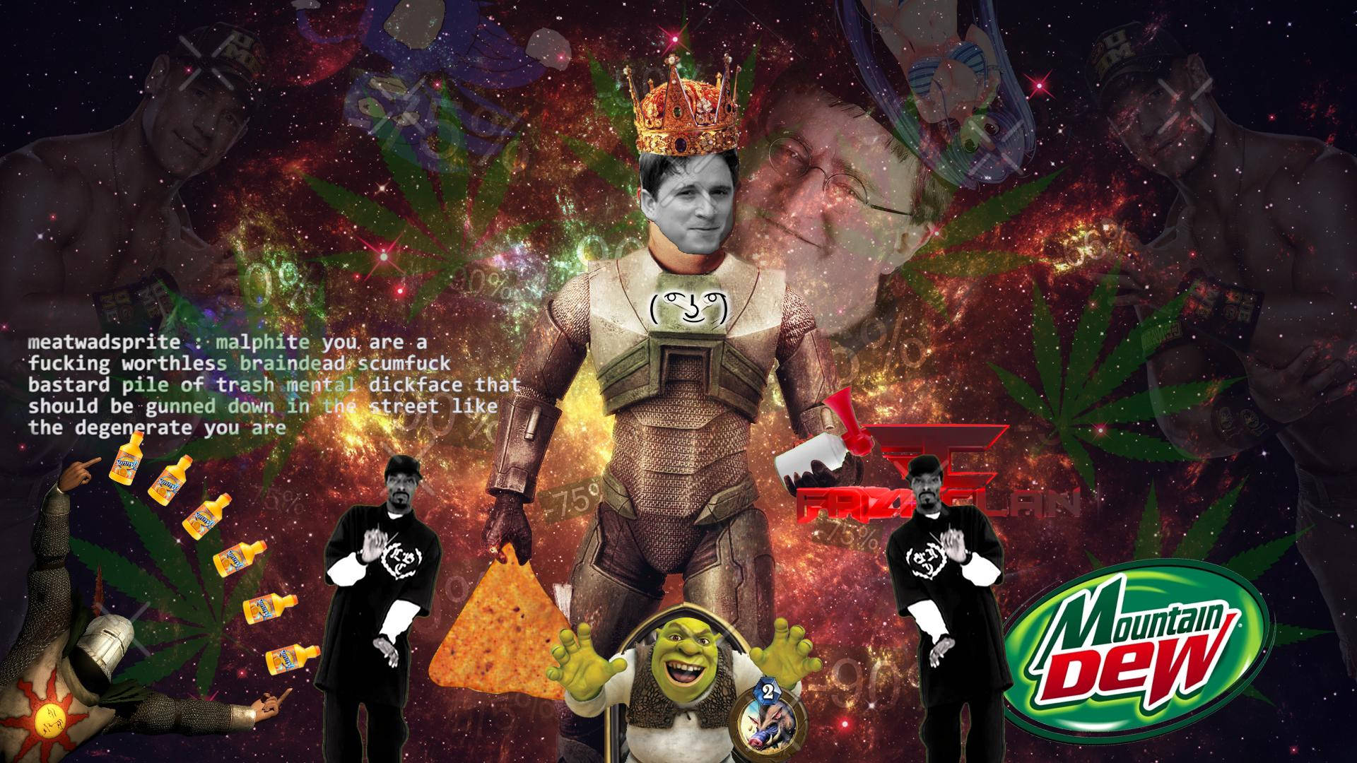 一幅混亂的數碼藝術作品，在宇宙場景中出現了一位戴著王冠的男人、史力加、Mountain Dew和大麻。