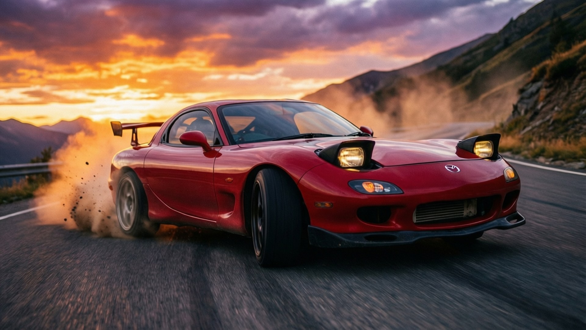 紅色Mazda RX-7在日落時分的山路上飄移，揚起灰塵和煙霧