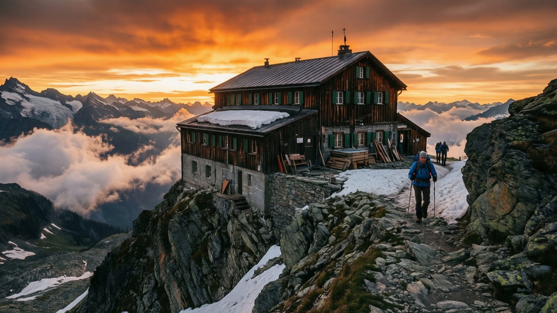 一名徒步旅行者在日落時分接近雲層之上的山間小屋，背景有白雪覆蓋的山峰