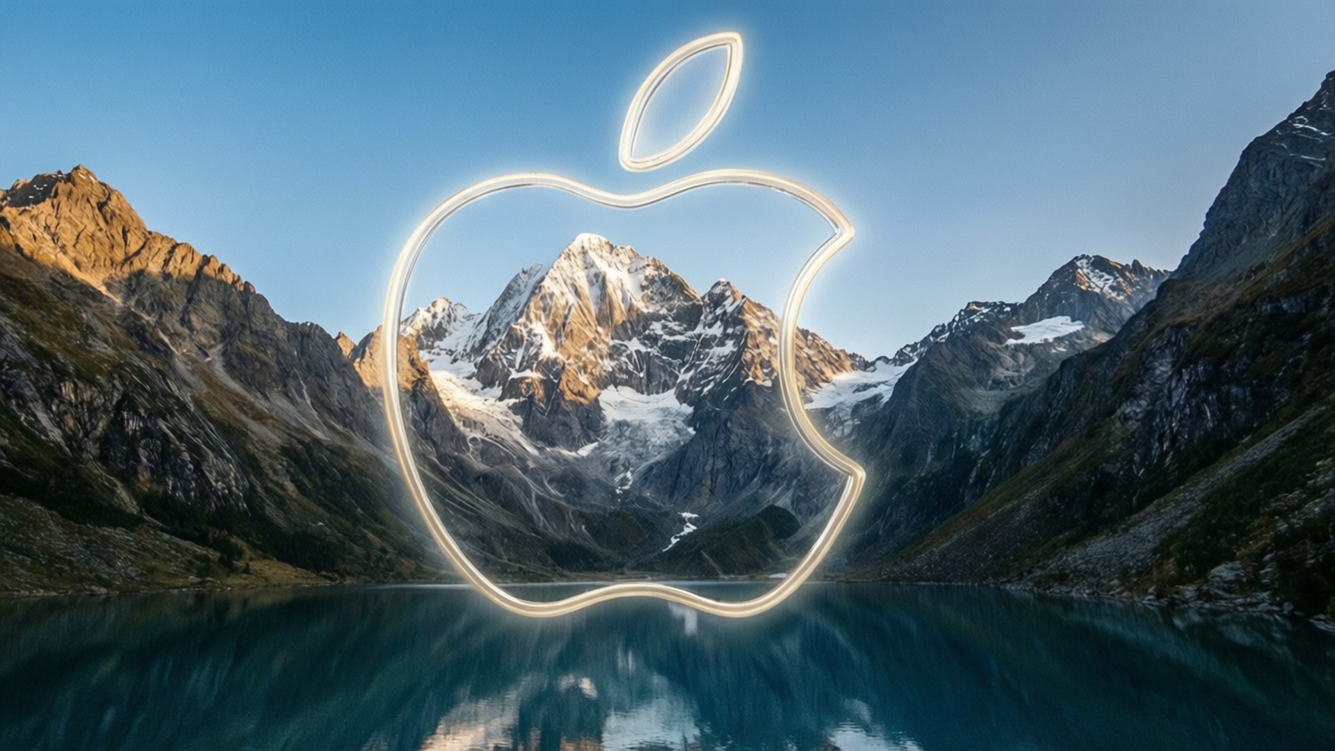 發光的Apple標誌勾勒出一個被雪覆蓋的山脈，倒映在平靜的湖面上。