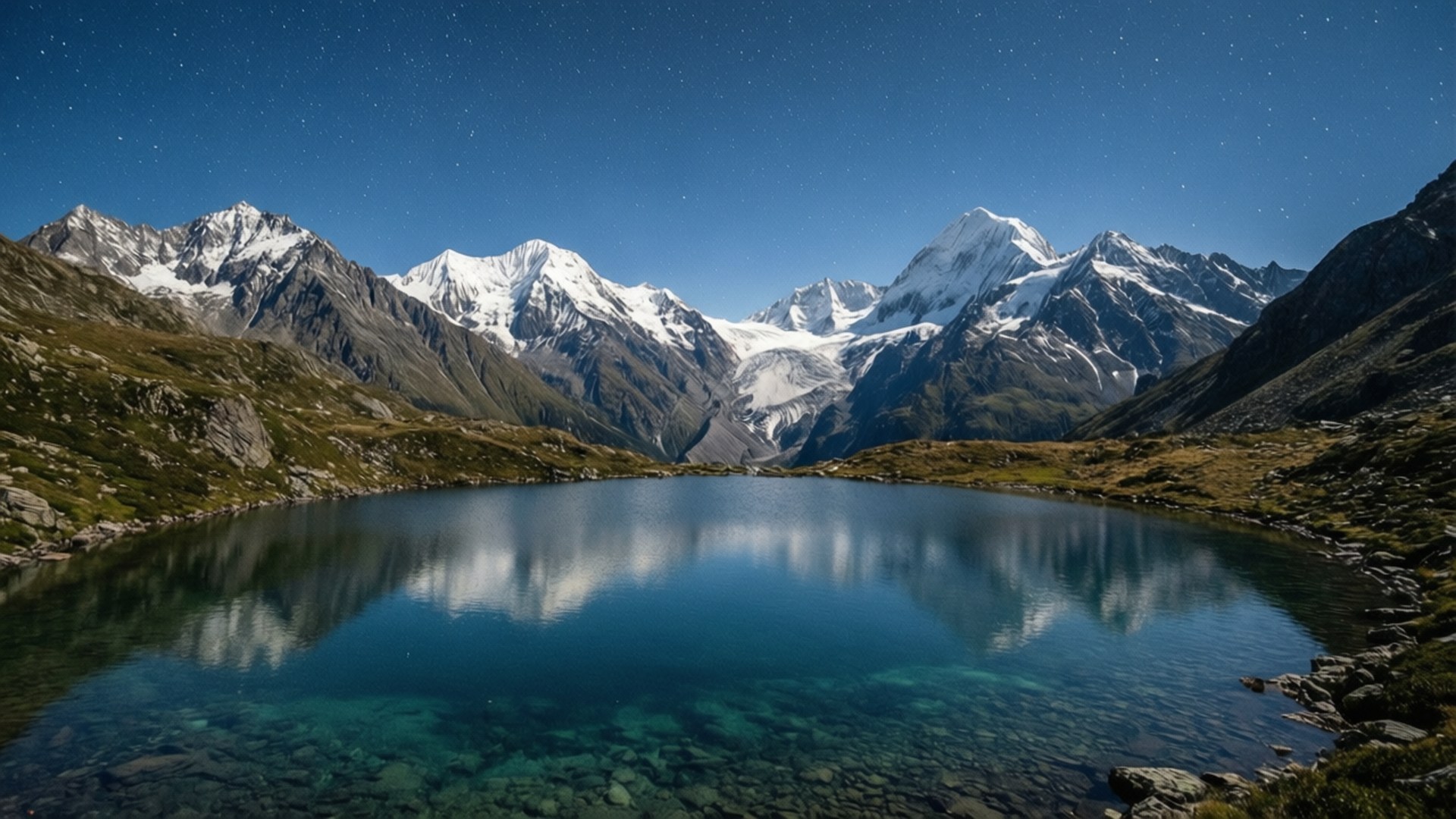 星空夜空反射在寧靜的高山湖泊中，周圍是白雪覆蓋的山脈。