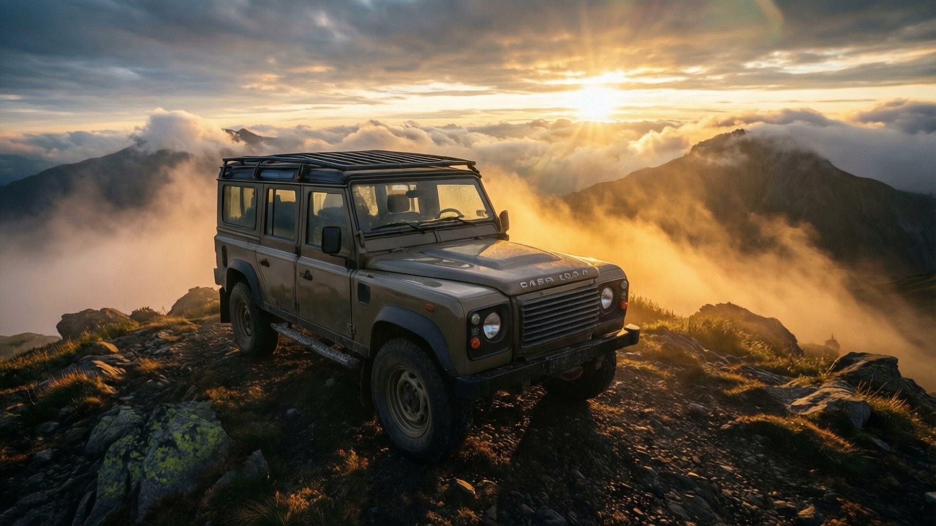 日出時，橄欖綠色 Land Rover Defender 停在雲海之上的岩石山頂